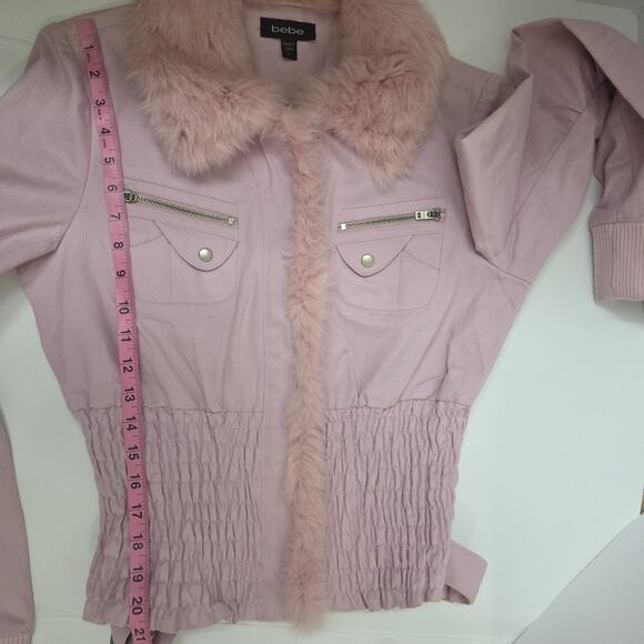 Y2K Bebe Pink Cotton Jacket Rabbit Fur Collar Size Large Very Barbie - Picture 6 of 6
